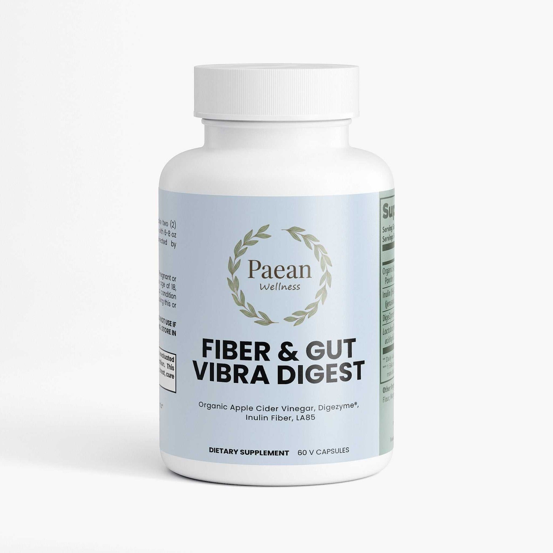Fiber & Gut Vibra Digest bottle by Paean Wellness with digestive support supplement capsules