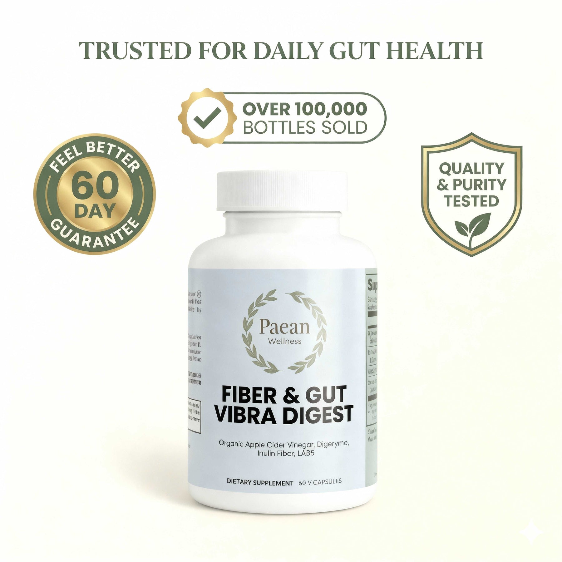 Fiber & Gut Vibra Digest dietary supplement bottle for gut health and digestion support