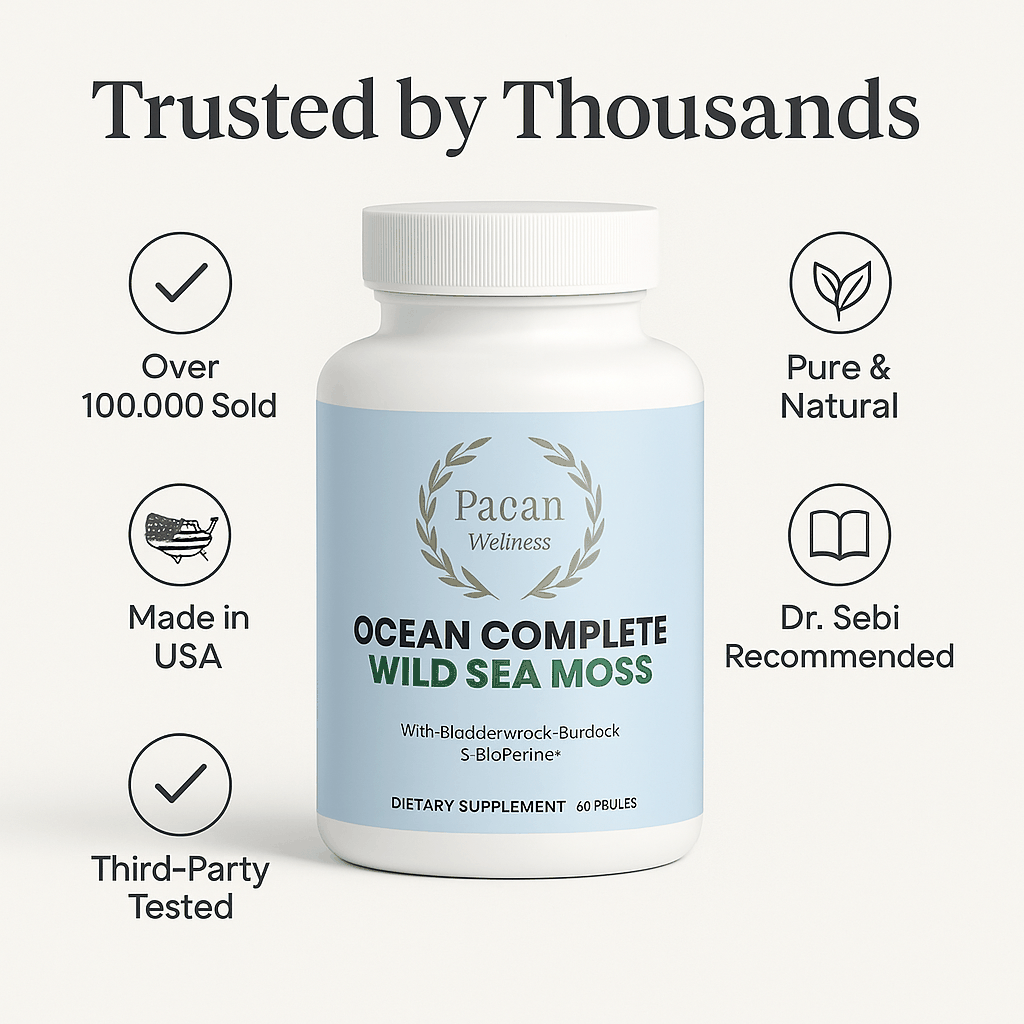 Ocean Complete Wild Sea Moss dietary supplement bottle with natural superfood blend for energy and wellness