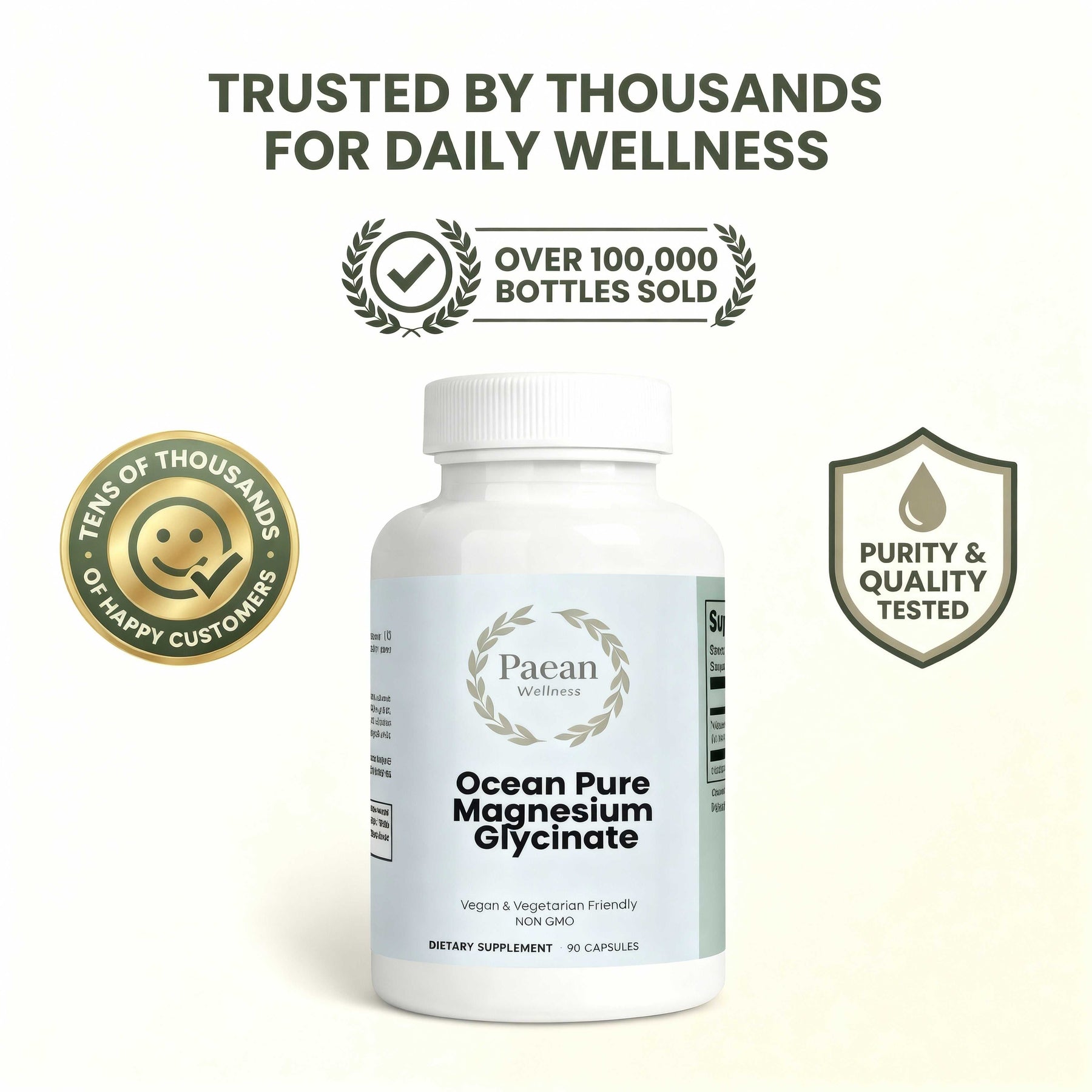 Ocean Pure Magnesium Glycinate supplement bottle with purity, quality, and customer trust badges for daily wellness and muscle support