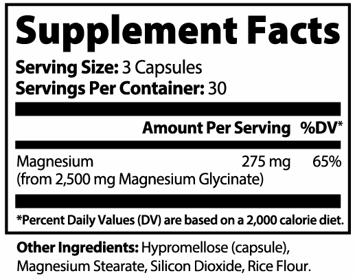 Ocean Pure Magnesium Glycinate supplement facts label showing 275mg magnesium per serving with natural ingredients