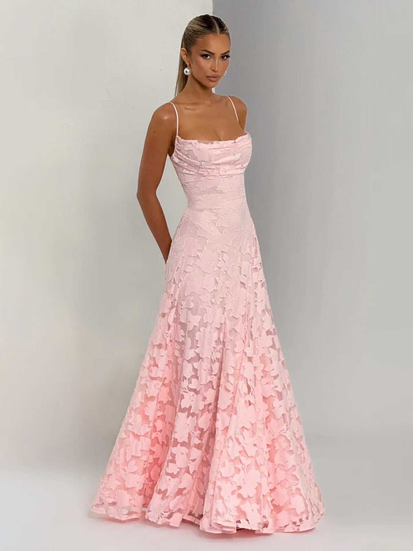 Pink high-waisted women dress with lace and jacquard details, square neck, and adjustable straps