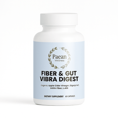 Fiber & Gut Vibra Digest dietary supplement bottle for gut health and digestion support with organic ingredients and probiotics