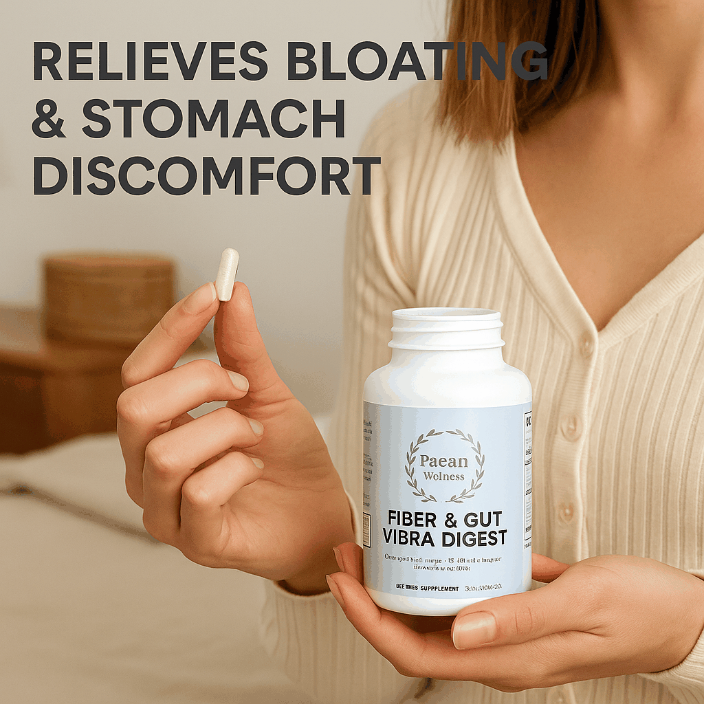 Fiber & Gut Vibra Digest supplement bottle held by woman relieving bloating and stomach discomfort