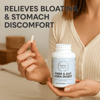 Fiber & Gut Vibra Digest supplement bottle held by woman relieving bloating and stomach discomfort