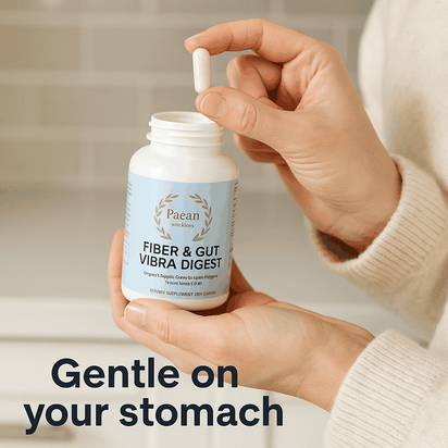 Fiber & Gut Vibra Digest supplement bottle with capsule held by hand for digestive health support