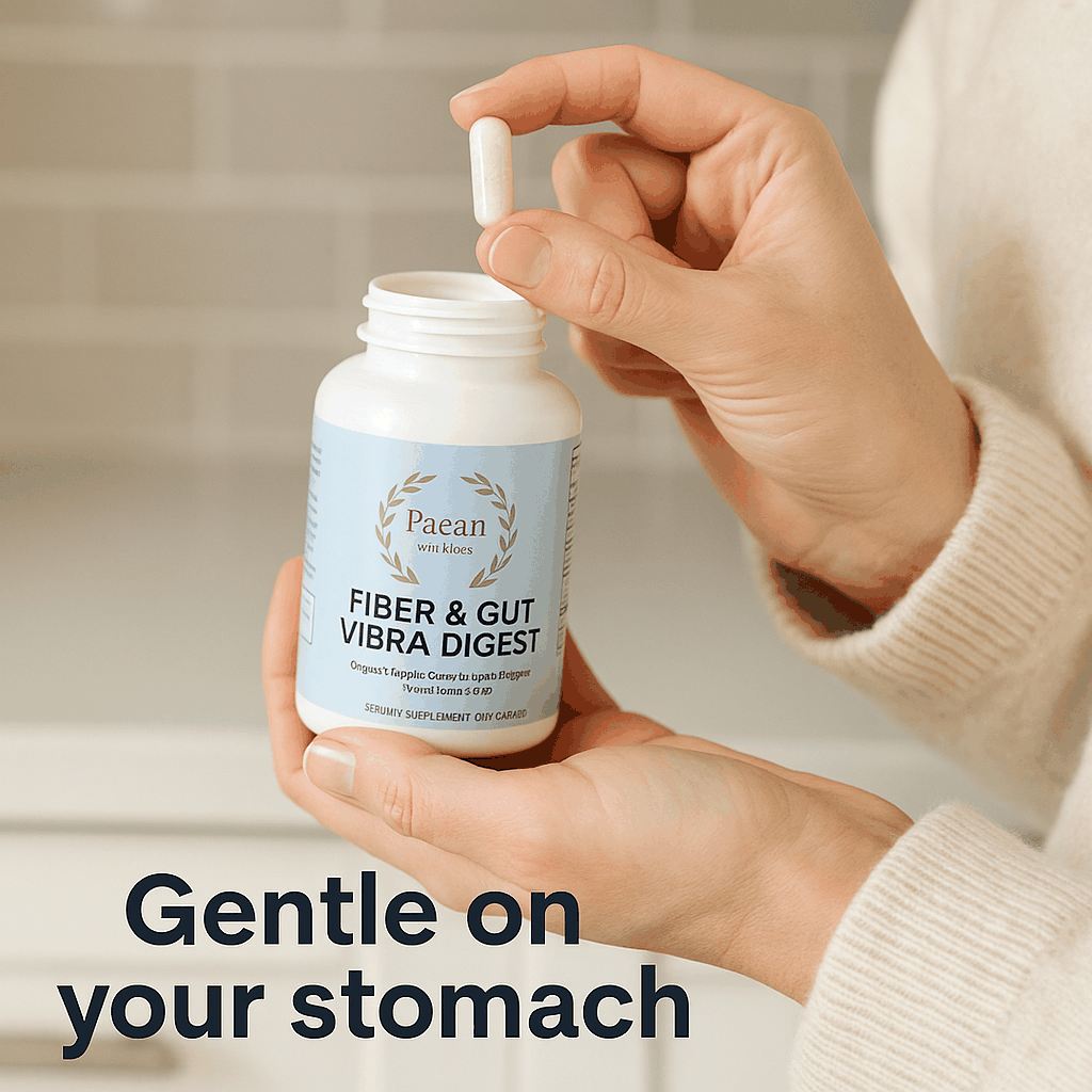 Fiber & Gut Vibra Digest supplement bottle with capsule held by hand for digestive health support
