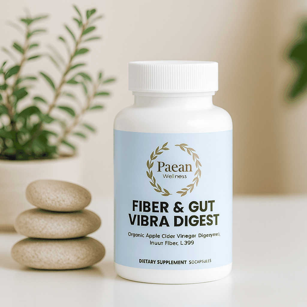 Fiber & Gut Vibra Digest dietary supplement bottle with digestive health support ingredients on white table with plant background