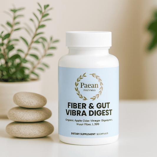 Fiber & Gut Vibra Digest dietary supplement bottle with organic apple cider vinegar and prebiotic fiber for digestive health