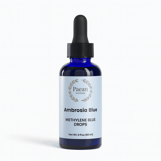Blue dropper bottle of Ambrosia Blue Methylene Blue Supplement for brain, energy, and stamina support