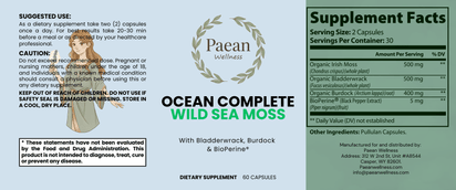 Ocean Complete Wild Sea Moss supplement with organic Irish Sea Moss, Bladderwrack, Burdock root, and BioPerine capsules for energy and wellness