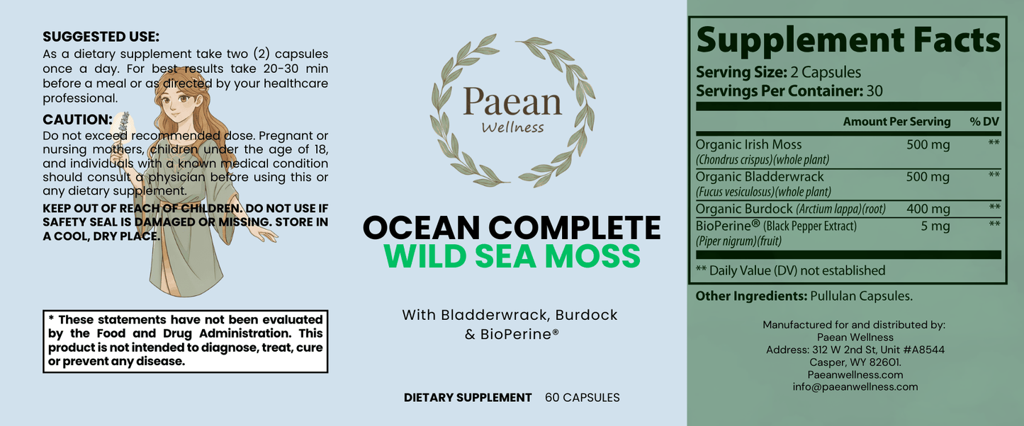 Ocean Complete Wild Sea Moss supplement with organic Irish Sea Moss, Bladderwrack, Burdock root, and BioPerine capsules for energy and wellness
