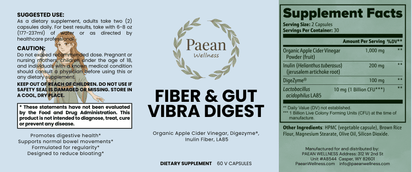 Fiber & Gut Vibra Digest dietary supplement with apple cider vinegar, inulin, probiotics, and enzymes for digestive health and gut balance.