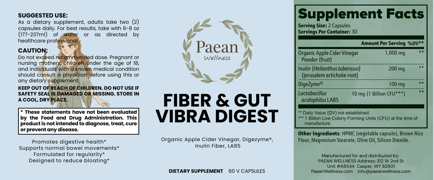 Fiber & Gut Vibra Digest dietary supplement with apple cider vinegar, inulin, probiotics, and enzymes for digestive health and gut balance.