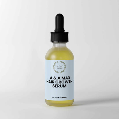 A&A Max hair growth serum bottle with dropper, light blue label