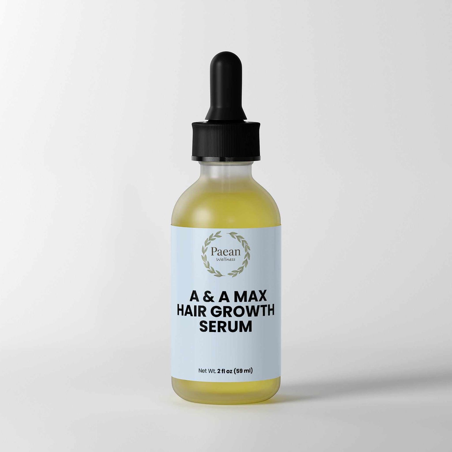 A&A Max hair growth serum bottle with dropper, light blue label