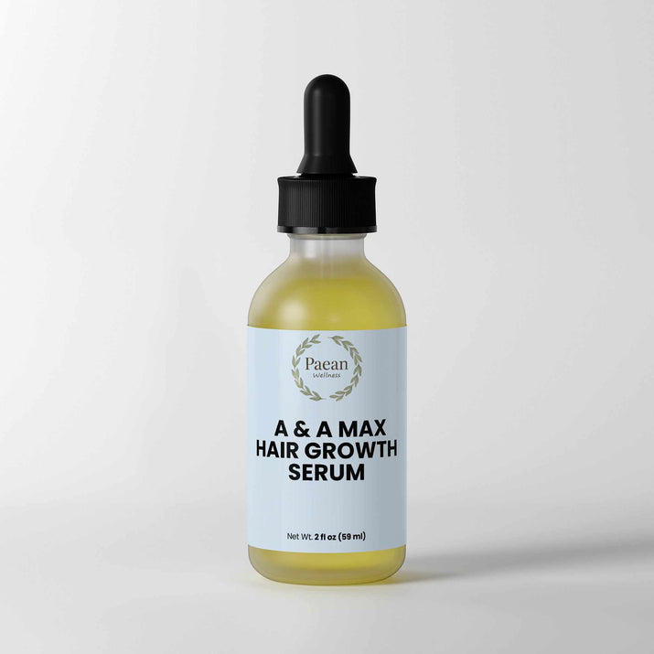 A&A Max hair growth serum bottle with dropper, light blue label