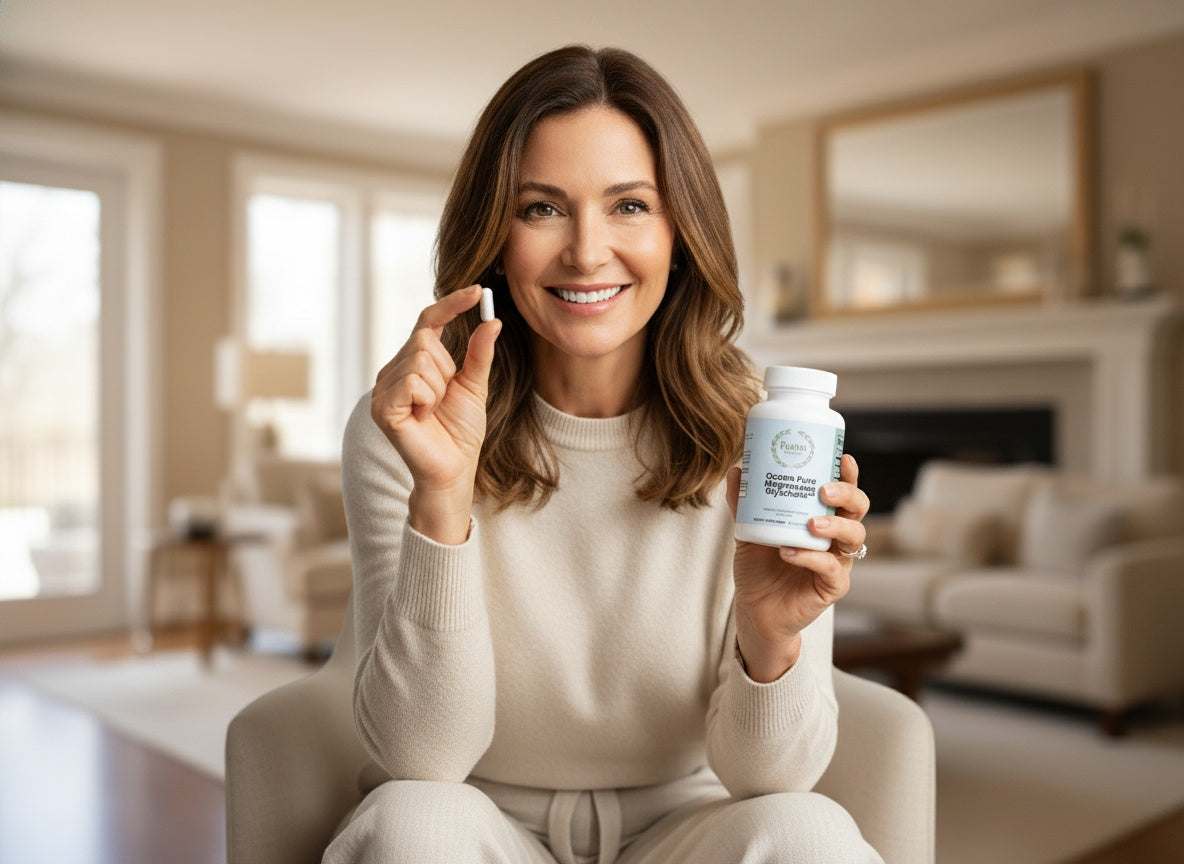Woman holding Ocean Pure Magnesium Glycinate supplement bottle and capsule for sleep, cramps, stress, and mood support