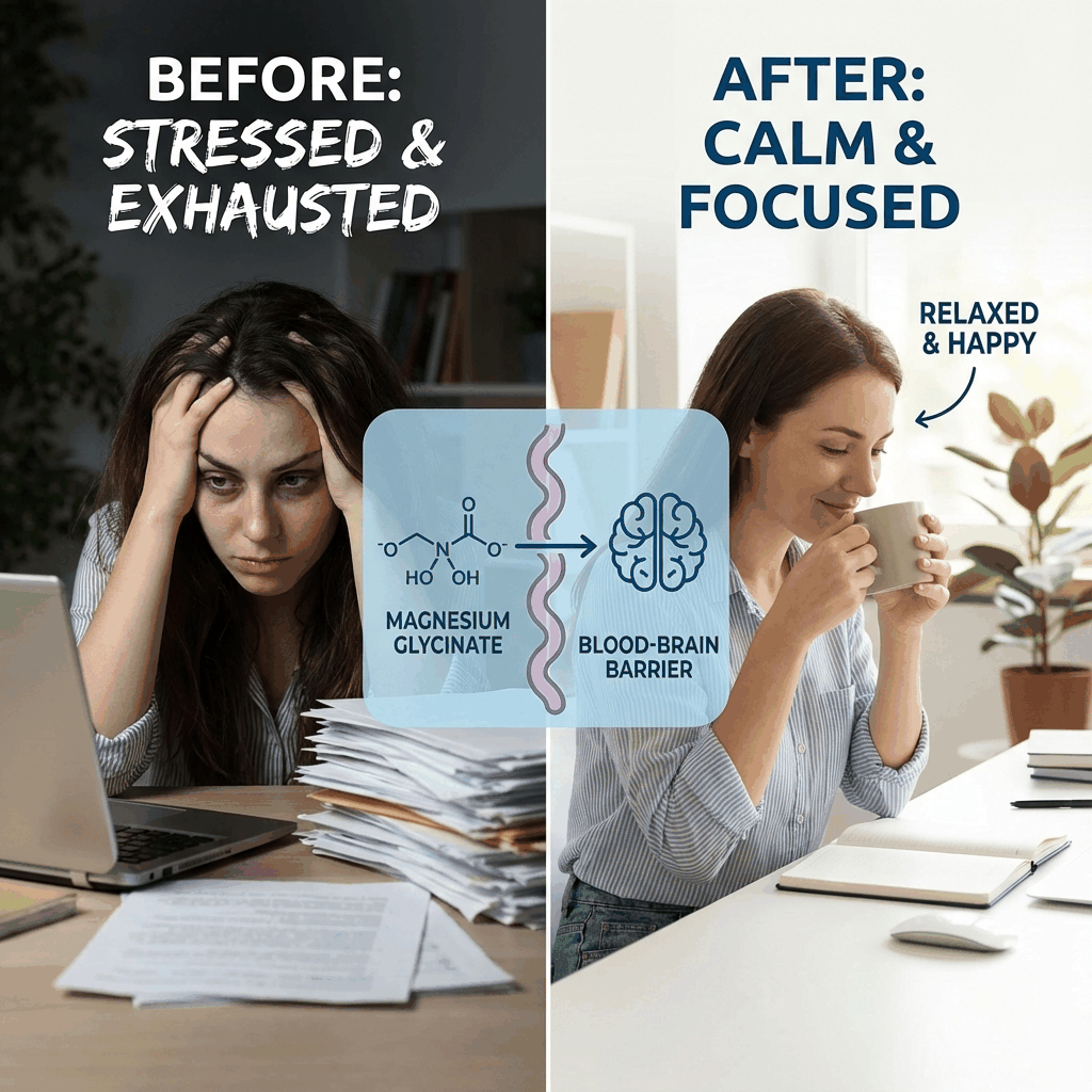 Ocean Pure Magnesium Glycinate supplement promotes calm, focus, and relaxation, relieving stress and exhaustion.