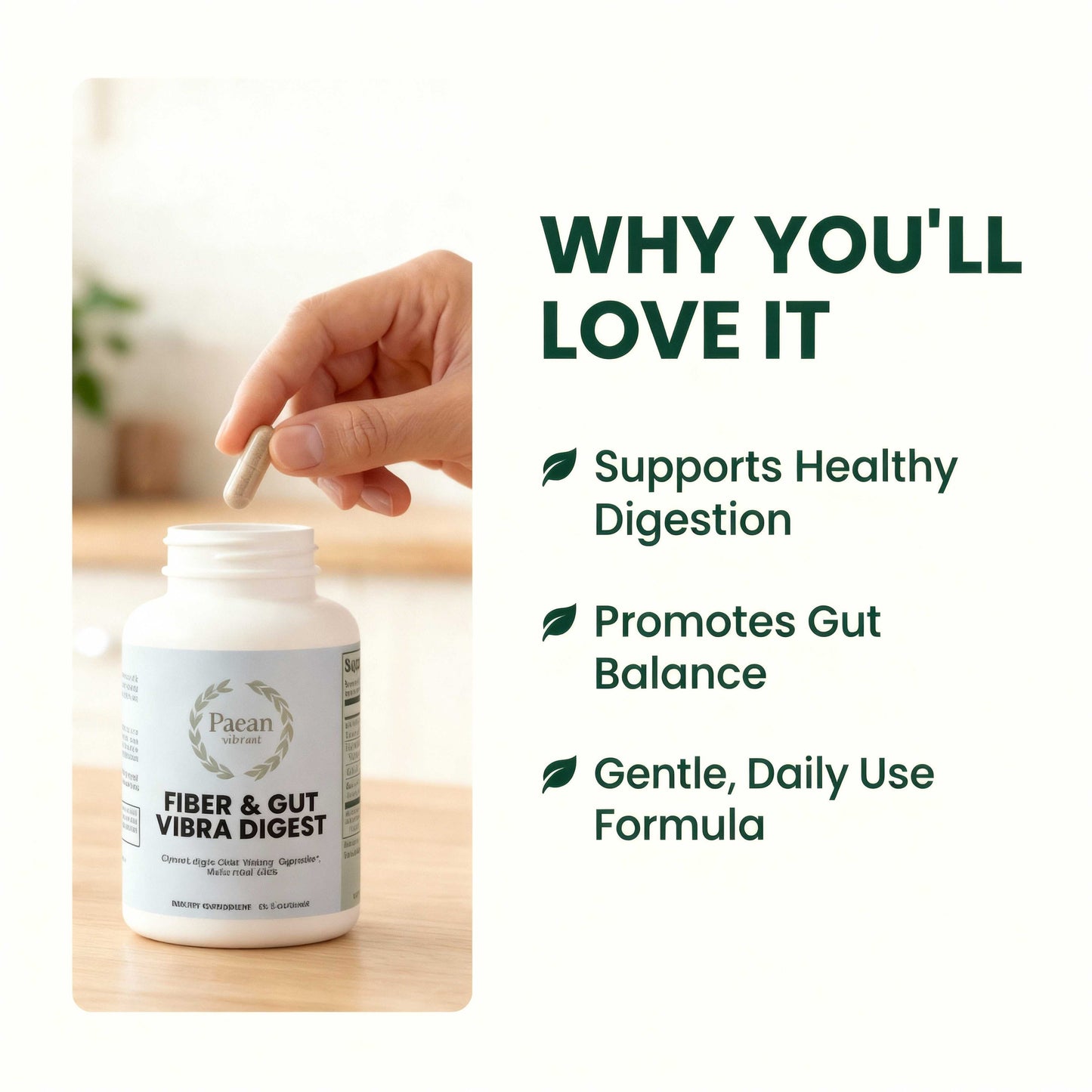 Fiber & Gut Vibra Digest supplement bottle with capsule, promoting healthy digestion and gut balance