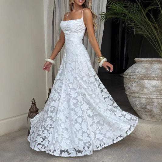Elegant white women's halter backless dress with floral lace and long skirt