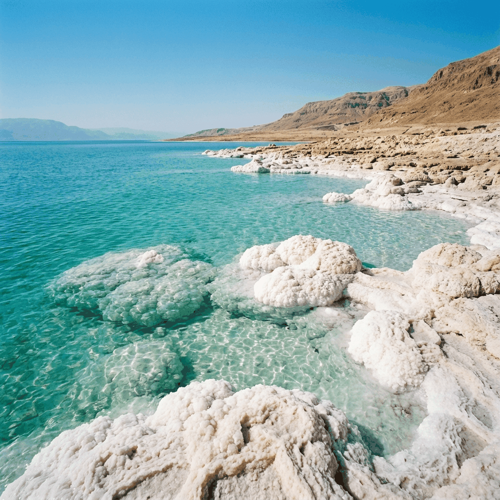 Clear turquoise water and white salt formations along the Dead Sea shoreline representing Ocean Pure Magnesium Glycinate's natural mineral source