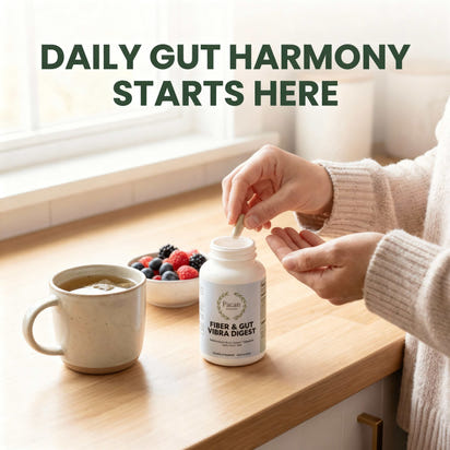 Person taking Fiber & Gut Vibra Digest capsule for daily gut health and digestive balance