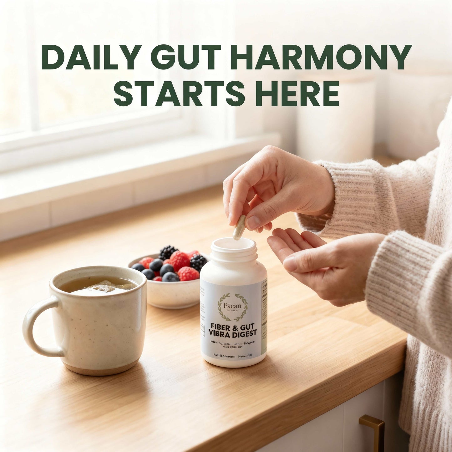 Person taking Fiber & Gut Vibra Digest capsule for daily gut health and digestive balance