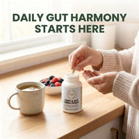 Person taking Fiber & Gut Vibra Digest capsule for daily gut health and digestive balance