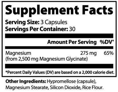 Supplement facts label for Ocean Pure Magnesium Glycinate with 275mg magnesium per serving and capsule ingredients.